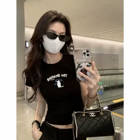 卡通可爱童趣小猫印花短袖t恤女2025新款圆领减龄短款正肩上衣夏商品大图