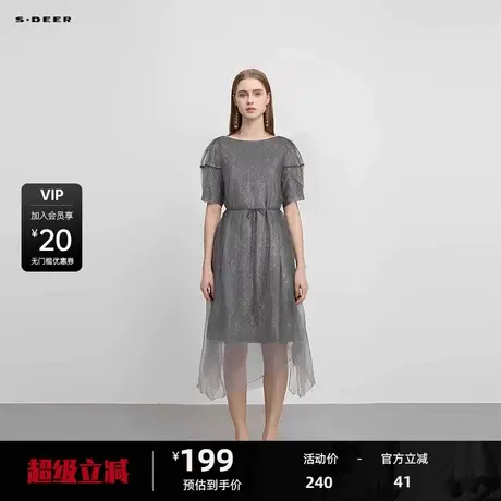 sdeer圣迪奥女装圆领肌理网纱收腰泡泡袖连衣裙S223Z12H2图片