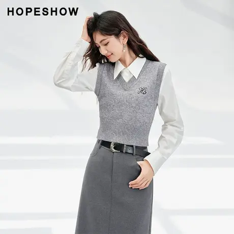 红袖outlets短款套头针织背心hopeshow2023冬新款LOGO绣标马甲女商品大图