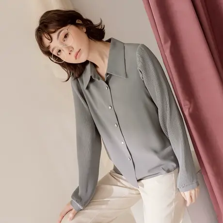 桔熊秋冬季通勤气质垂感百褶长袖拼接翻领衬衫上衣女大码AB17969商品大图