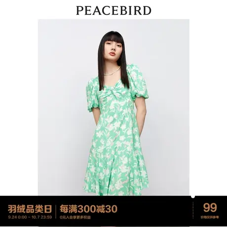 太平鸟碎花短款连衣裙女胸前V领扭结印花泡泡袖收腰显瘦裙子夏季图片