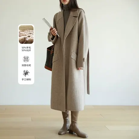 嘉茱莉2023新款双面呢大衣女秋中长款毛呢外套长款气质呢子大衣图片