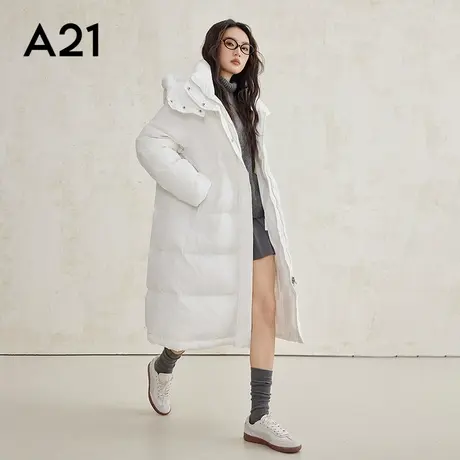 A21女装梭织宽松可拆帽平肩开襟中长羽绒服加厚保暖长款羽绒外套商品大图