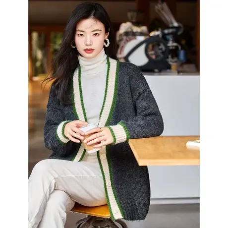 时尚气质毛衣2023年秋季新款女士百搭撞色宽松温柔长袖开衫上衣图片