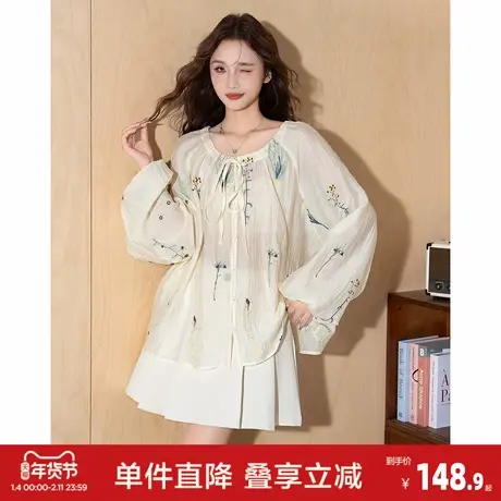 唐狮2025春秋衬衫女长袖外穿圆领绣花领口抽绳衬衣女年轻时尚上衣商品大图