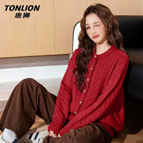 唐狮官方红色针织衫外套女2026新款冬季加厚保暖可外穿内搭毛衣VB商品大图