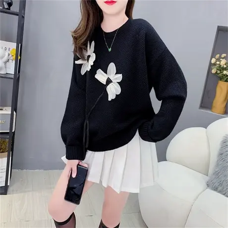 设计感重工立体花朵圆领毛衣女早秋2023年新款宽松百搭打底针织衫商品大图