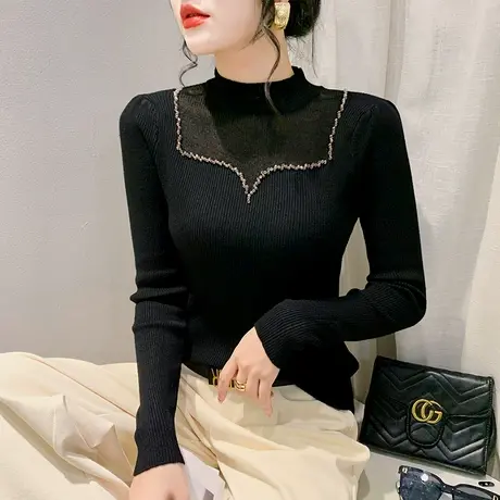 黑色网纱拼接半高领毛衣性感烫钻钉珠长袖打底衫洋气修身套头上衣商品大图