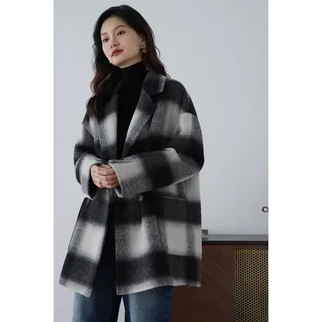 嘉茱莉2023秋冬新款格纹羊毛大衣女高级感毛呢外套小个子羊毛上衣商品大图