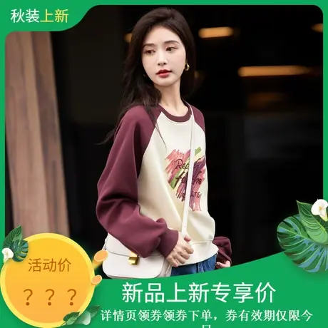 时尚休闲卫衣2023年秋冬新款显龄百搭温柔通勤圆领拼接套头上衣商品大图