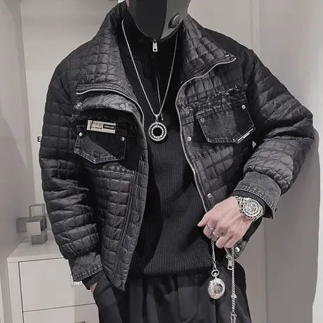 牛仔拼接棉衣男潮牌痞帅短款加厚棉服外套小众设计感冬装机车夹克商品大图