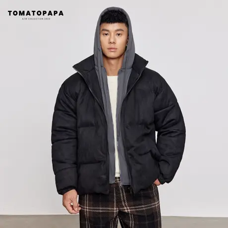 TOMATOPAPA冬季假两件柔软皮绒棉服时尚拉链开衫外套保暖棉衣潮流图片