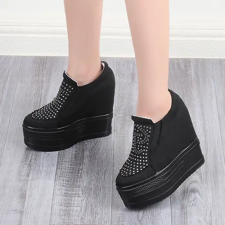 内增高帆布鞋13cm烫钻时尚浅口坡跟单鞋女厚底懒人鞋一脚蹬乐福鞋图片