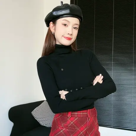尔给黑色内搭高领打底衫女2023新款秋冬高级感显瘦设计感小众上衣商品大图
