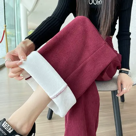 灯芯绒阔腿西装裤女冬季条绒高腰直筒加绒加厚休闲宽松显瘦拖地裤商品大图