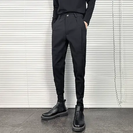 秋季男士休闲裤裤子长裤修身潮流潮牌快手百搭黑色纯色个性小脚裤商品大图