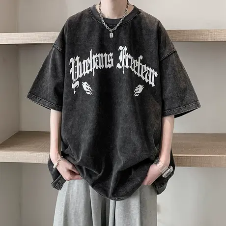 美式高街短袖男潮牌水洗做旧夏季纯棉T恤oversize潮流半袖上衣服商品大图