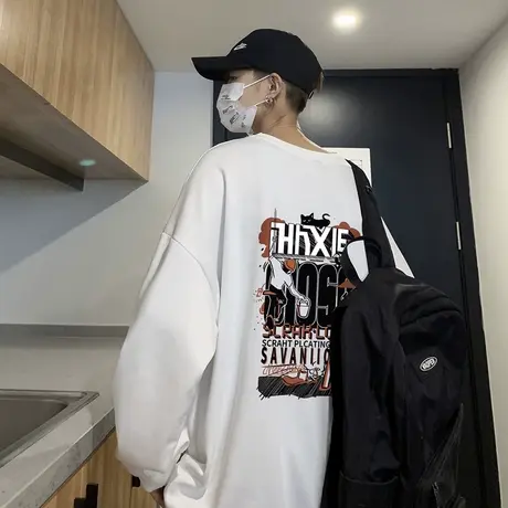 港风卫衣男圆领chic宽松情侣装春季外套ins韩版潮流打底休闲衣服商品大图