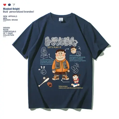 2023夏季潮牌港风卡通印花t恤短袖男学生宽松休闲圆领半袖体恤衫图片