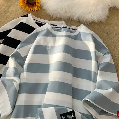 条纹短袖t恤男夏季美式ins宽松五分半袖体恤男士潮流休闲圆领上衣商品大图