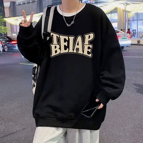 港风复古圆领卫衣男2024新款春秋季oversize潮牌男装宽松打底衫t图片