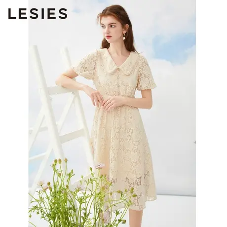 LESIES蓝色倾情夏装新款女装法式温柔风收腰甜美娃娃领蕾丝连衣裙图片