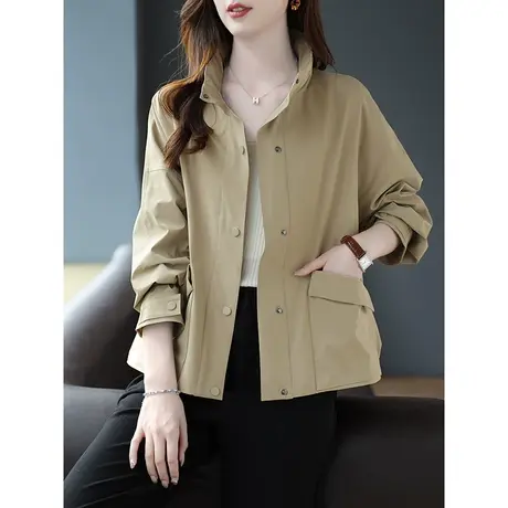 宝诗黎连帽宽松短款单排扣风衣外套2023春秋新款纯色口袋上衣女装商品大图