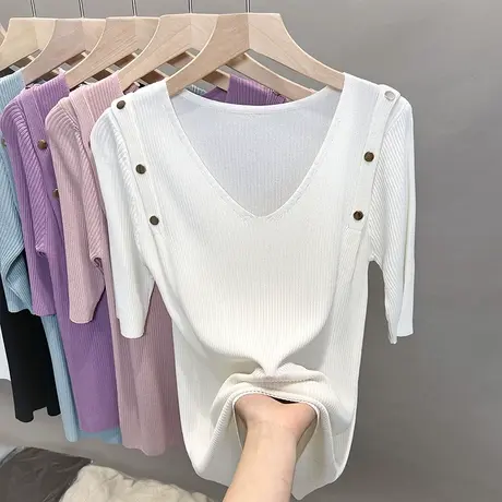 v领冰丝针织衫女2023春夏秋新款修身内搭打底衫外穿上衣中袖t恤衫图片