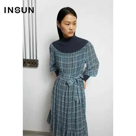 INSUN恩裳秋季桑蚕丝拼接格纹长袖连衣裙图片