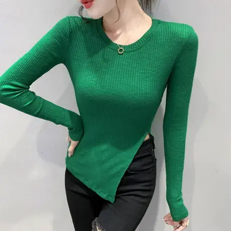 女装2024新款潮开叉长袖T恤洋气紧身上衣不规则百搭打底衫女春秋商品大图