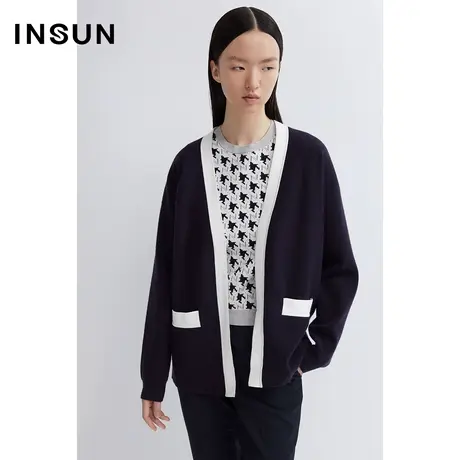 INSUN恩裳春季H版型蓝白撞色毛针织开衫商品大图