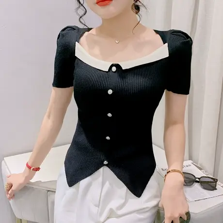 法式方领T恤女短袖百搭紧身冰丝针织上衣开叉拼色洋气小衫夏装ins商品大图