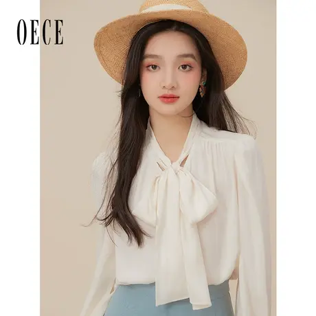 Oece浪漫系带法式衬衫女年新款早春设计感上衣通勤气质白衬衣图片