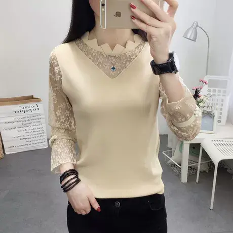 2022新款蕾丝打底衫短款长袖钉珠宽松秋装新款薄针织衫女上衣潮图片