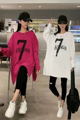 欧货设计感长袖T恤衫女2023秋季大板中长款圆领字母T恤白色打底衫商品大图