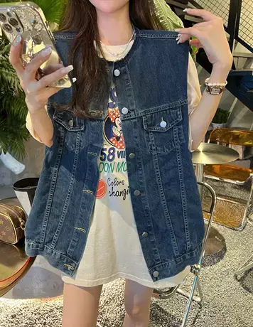 韩版时髦设计感圆领毛边无袖牛仔马甲休闲慵懒宽松坎肩马夹外套女商品大图