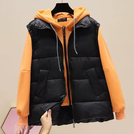 2023新款冬季连帽卫衣拼接棉马甲小个子设计感假两件羽绒棉服外套图片