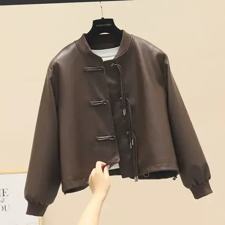 国风盘扣皮衣短款外套女秋季2023新款宽松小个子设计感夹克上衣潮商品大图