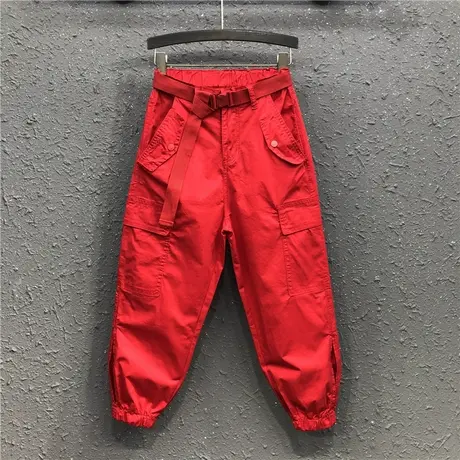 25春新款大红色休闲个性九分工装裤女松紧高腰宽松薄款束脚哈伦裤商品大图