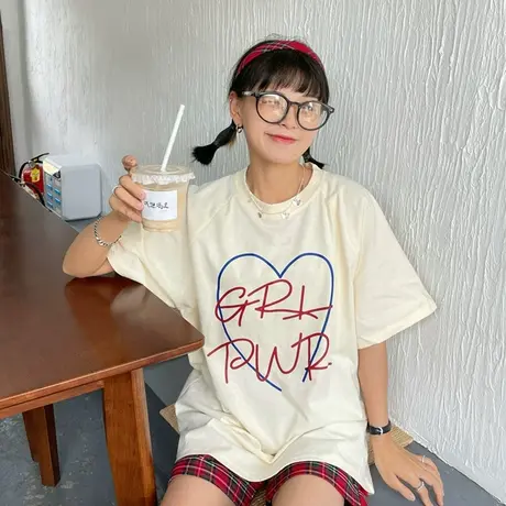 红续盐系少女字母爱心新款韩版夏装宽松bf插肩袖纯棉短袖T恤上衣商品大图