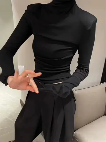 韩系秋冬加绒新款韩版基础纯色百搭高领垫肩长袖打底衫手套T恤女商品大图