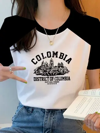 仿棉短袖t恤女2023新款夏季洋气别致独特小众设计感撞色正肩上衣图片