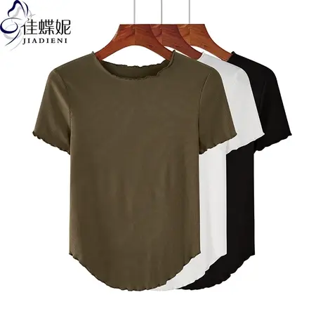 夏季新款韩版荷叶边修身纯棉纯色圆领纯欲燕尾短袖体恤上衣内搭女商品大图