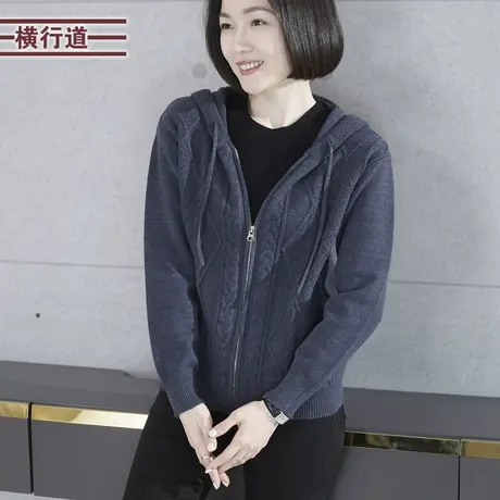 连帽宽松麻花拉链长袖毛衣外套纯色妈妈大码2025新款春装针织衫女图片