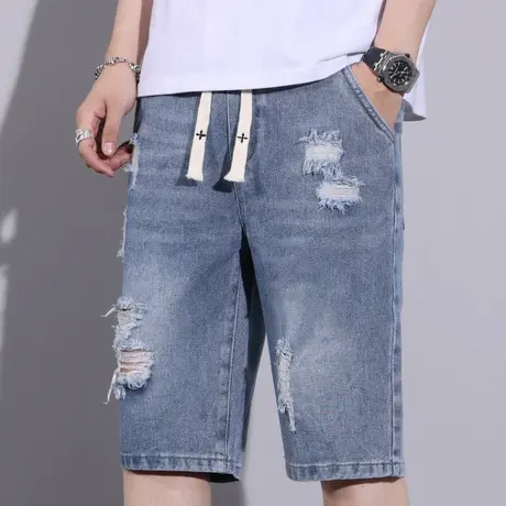 乞丐破洞牛仔短裤男士夏季薄款中裤男款五分休闲马裤头男裤子夏款商品大图
