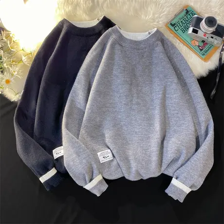 圆领毛衣男秋冬季潮牌纯色长袖打底衫内搭毛线衣服男士加绒针织衫商品大图