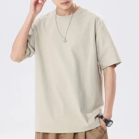 男士绿色短袖t恤男夏季宽松纯棉打底上衣男装2023年新款纯色体恤商品大图