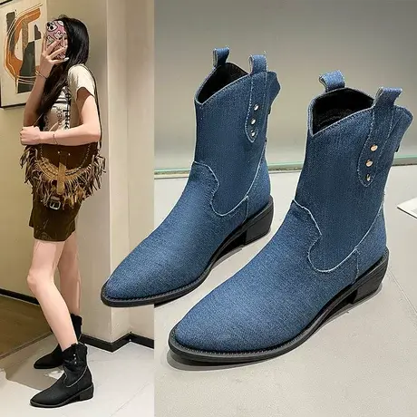 尖头粗跟短靴高级感秋季女靴柳丁时装靴子女法式2023切尔西靴大码商品大图