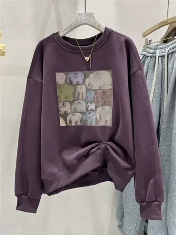 韩国东大门加绒卫衣圆领女2023秋冬新款韩版印花大象宽松套头上衣商品大图