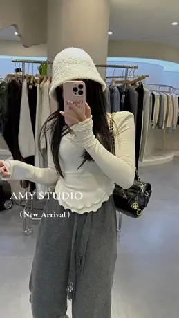 韩国东大门2023秋冬新款波浪卷边U领加绒显瘦长袖T恤女上衣打底衫商品大图